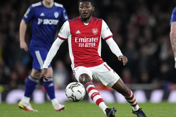 FILE - Arsenal's Ainsley Maitland-Niles controls the ball during the English League Cup round of 16 soccer match against Leeds United at the Emirates Stadium in London, Tuesday, Oct. 26, 2021. Maitland-Niles is joining Chris Smalling and Tammy Abraham as English members of Jose Mourinho’s Roma squad. Maitland-Niles completed a loan deal from Arsenal through the end of the season, Roma announced on Saturday, Jan. 8, 2022. (AP Photo/Matt Dunham, file)