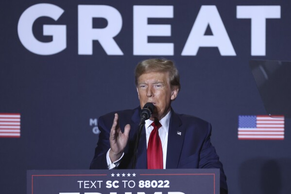 Republican presidential candidate former President Donald Trump speaks at a campaign rally at Charleston Area Convention Center in North Charleston, S.C., Wednesday, Feb. 14, 2024. (AP Photo/David Yeazell)