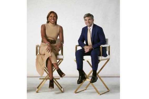 This image released by ABC shows "Good Morning America" co-hosts Robin Roberts, left, and George Stephanopoulos, who the longest-serving pair of hosts on one of the ABC, CBS or NBC morning news shows. (Heidi Gutman/ABC via AP)
