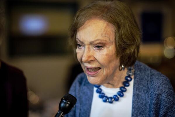 FILE - The former first lady Rosalynn Carter speaks to the press at conference at The Carter Center on Tuesday, Nov. 5, 2019, in Atlanta. On Thursday, Aug. 18, 2022, Carter, the second-oldest U.S. first lady ever, turns 95. (AP Photo/Ron Harris, File)