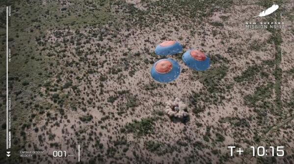 In this image from video made available by Blue Origin, the company's New Shepard capsule uses parachutes to land in West Texas. (Blue Origin via AP)