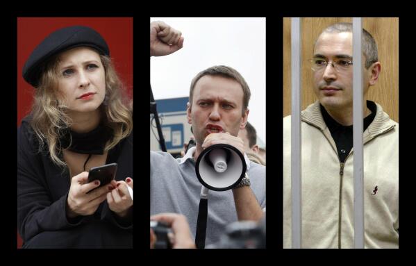 This combination of photos shows from left, punk band Pussy Riot member Maria Alekhina, anti-corruption campaigner Alexei Navalny and oil tycoon-turned-Kremlin foe Mikhail Khodorkovsky. These three were among the Russian targets of the hacking group Fancy Bear. Vasily Gatov, a media analyst who was himself among the Russian targets, said the notion that anyone outside the Kremlin was responsible for Fancy Bear’s hit list “would be very difficult to argue _ extremely difficult to argue.” (AP Photo)