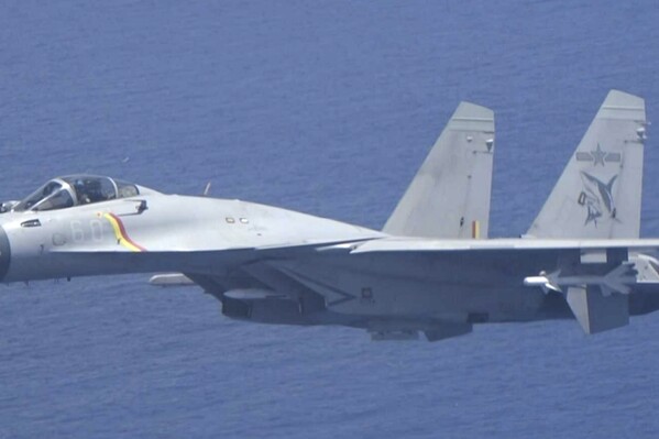 This image provided by Japan's Ministry of Defense shows a Chinese J-15 fighter jet over the Pacific on June 8, 2025. (The Ministry of Defense via AP)
