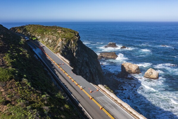 A break in the southbound lane of Highway 1 at Rocky Creek Bridge in Big Sur, Calif., Monday, April 1, 2024. (AP Photo/Nic Coury)