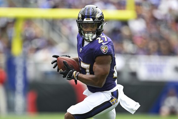 FILE - Baltimore Ravens running back J.K. Dobbins (27)runs with the ball after making a catch during the first half of an NFL football game against the Houston Texans, Sunday, Sept. 10, 2023, in Baltimore. Dobbins signed a one-year contract with the Chargers Thursday, April 18, 2024, continuing the run of former Baltimore Ravens coming to Los Angeles. (AP Photo/Terrance Williams, File)