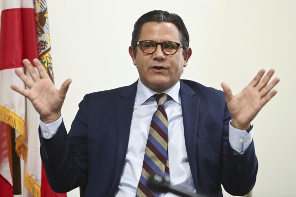Sen. Jason Pizzo, D-North Miami Beach, speaks to the media in the Senate Office Building at the Capitol in Tallahassee, Fla., on Monday, Feb. 6, 2023. (AP Photo/Phil Sears, File)
