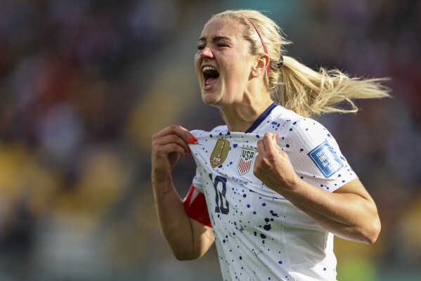 United States' Lindsey Horan celebrates her team's first US goal during the Women's World Cup Group E soccer match between the United States and the Netherlands in Wellington, New Zealand, Thursday, July 27, 2023. (AP Photo/Alysa Rubin)