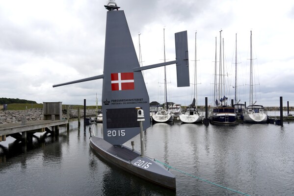 A Saildrone "Voyager", uncrewed surface vehicle (USV), is moored at the Koge Marina in Koge, eastern Denmark, Monday, June 16, 2025. (AP Photo/James Brooks)