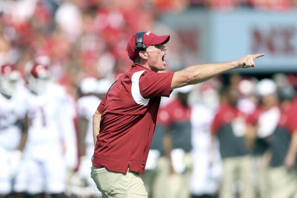 Oklahoma head coach Brent Venable yells out to his players during an NCAA college football game against Nebraska, Saturday, Sept. 17, 2022, at Memorial Stadium in Lincoln, Neb. (Ian Maule/Tulsa World via AP)