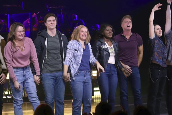 FILE - Kathryn Gallagher, from left, Derek Klena, Elizabeth Stanley, Celia Rose Gooding, Sean Allan Krill and Lauren Patten appear on stage during the "Jagged Little Pill" Broadway opening night curtain call at the Broadhurst Theatre on Dec. 5, 2019, in New York. Stanley has earned her first Tony Award nomination playing the mom of a Connecticut family spiraling out of control in the musical set to the music of Alanis Morissette’s 1995 album of the same name. (Photo by Greg Allen/Invision/AP, File)