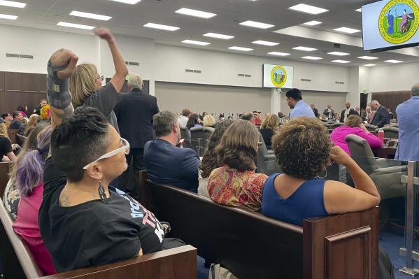 Transgender North Carolinians and their supporters raise their fists in the air and chant let us speak after a House committee did not allow public comment on a bill banning gender-affirming surgeries for minors, Tuesday, May 2, 2023, in Raleigh, N.C. (AP Photo/Hannah Schoenbaum)