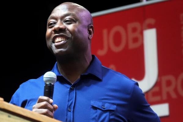 FILE - U.S. Sen. Tim Scott, R-S.C., speaks at a fundraiser in Anderson, S.C., Aug. 22, 2022. Scott faces Democrat Krystle Matthews and an independent opponent in his bid for reelection on Nov. 8, 2022. (AP Photo/Meg Kinnard, File)