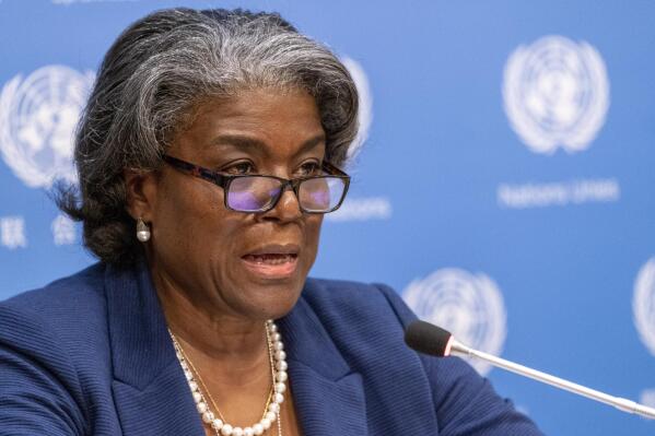 FILE - U.S. Ambassador to the United Nations, Linda Thomas-Greenfield speaks to reporters during a news conference at United Nations headquarters on March 1, 2021. (AP Photo/Mary Altaffer, File)