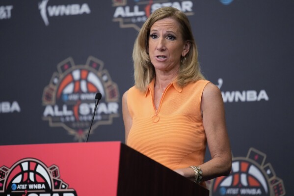 Catherine Engelbert, commissioner of the WNBA, speaks at a news conference before basketball's WNBA All-Star Game on Saturday, July 15, 2023, in Las Vegas. (AP Photo/John Locher)
