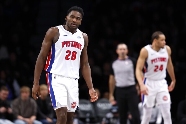 Detroit Pistons center Isaiah Stewart (28) reacts after being charged with a foul against the Brooklyn Nets during the second half of an NBA basketball game, Saturday, Dec. 23, 2023, in New York. (AP Photo/Noah K. Murray)