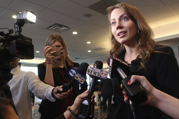 Laura Nirider, an attorney for convicted murderer Brendan Dassey whose story was told on the Netflix series "Making a Murderer," describes his application for a pardon submitted to Wisconsin's governor on Wednesday, Oct. 2, 2019, in Madison, Wis. Dassey is serving a life sentence for the 2005 murder, but Nirider and other advocates hope Gov. Tony Evers considers his pardon request. (AP Photo/Scott Bauer)