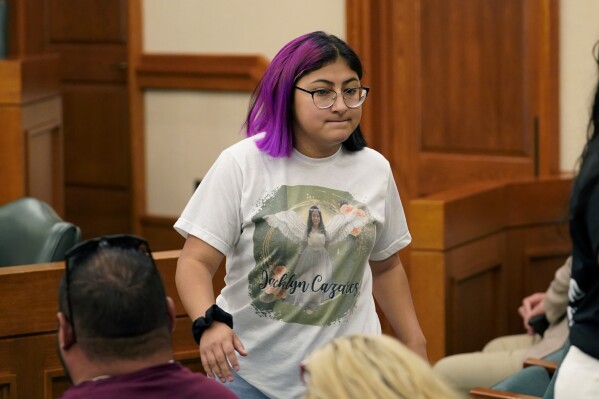 FILE - Jazmin Cazares, whose young sister Jacklyn was was one of 19 children killed at Robb Elementary School, attends a hearing at the state capitol, June 23, 2022, in Austin, Texas. (AP Photo/Eric Gay, File)