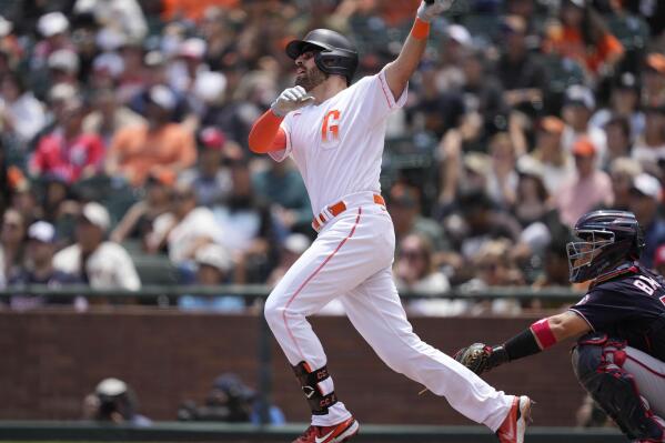San Francisco Giants' Curt Casali hits a three-run home run against the Washington Nationals during the second inning of a baseball game Sunday, July 11, 2021, in San Francisco. (AP Photo/Tony Avelar)