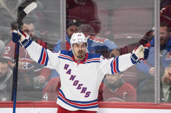 New York Rangers' Chris Kreider reacts after scoring against the Montreal Canadiens during the second period of an NHL hockey game in Montreal on Thursday, Jan. 5, 2023. (Graham Hughes/The Canadian Press via AP)