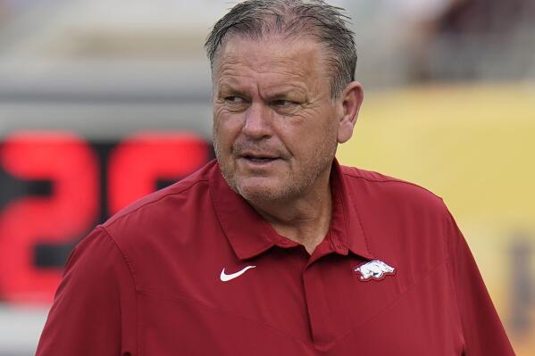 FILE - Arkansas head coach Sam Pittman looks on during the first half of the Outback Bowl NCAA college football game against Penn State, Jan. 1, 2022, in Tampa, Fla. Pittman has the Razorbacks playing in their second straight bowl game with the Liberty Bowl, Wednesday, Dec. 28, 2022. (AP Photo/Chris O'Meara, File)