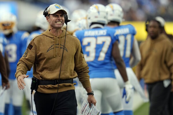 Los Angeles Chargers head coach Brandon Staley reacts from the sideline during the first half an NFL football game against the Detroit Lions Sunday, Nov. 12, 2023, in Inglewood, Calif. (AP Photo/Gregory Bull)