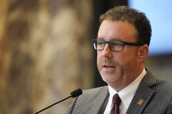 FILE - Mississippi Sen. David Parker, R-Olive Branch, speaks during a debate at the state Capitol, Feb. 7, 2023, in Jackson, Miss. For the second year in a row, the Mississippi Senate has passed a bill that would transfer control of the state capital's troubled water system to a regional board. Parker introduced a slightly modified version of the bill after it died in the House last session. (AP Photo/Rogelio V. Solis, File)