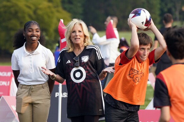 First lady Jill Biden attends the Youth Soccer Clinic with Major League Soccer on the South Lawn of the White House, Monday, July 17, 2023 in Washington. (AP Photo/Manuel Balce Ceneta)