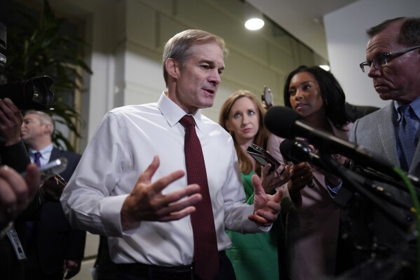 Rep. Jim Jordan, R-Ohio, chairman of the House Judiciary Committee, speaks with reporters following a closed door meeting with House Republicans as he looks for decisive support to become speaker, at the Capitol in Washington, Monday, Oct. 16, 2023. A floor vote that could turn into a showdown is set for midday Tuesday. (AP Photo/J. Scott Applewhite)