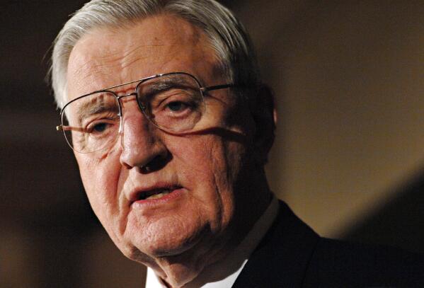 FILE - In this Friday, Jan. 19, 2007, file photo, former Vice President Walter Mondale speaks at a reception in his honor at the Carter Presidential Conference at the University of Georgia, in Athens, Ga. Mondale, a liberal icon who lost the most lopsided presidential election after bluntly telling voters to expect a tax increase if he won, died Monday, April 19, 2021. He was 93. (Briana Brough/Athens Banner-Herald via AP, File)