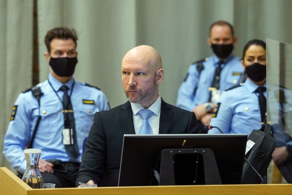 FILE - Convicted mass murderer Anders Behring Breivik sits in the makeshift courtroom in Skien prison on the second day of his hearing where he is requesting release on parole, in Skien, Norway, Jan. 19, 2022. Norwegian far-right extremist Anders Behring Breivik, who killed 77 people in a bombing and shooting rampage in 2011, on Thursday, Feb. 15, 2024, lost his second attempt at suing the state, accusing the Justice Ministry of breaching his human rights. (Ole Berg-Rusten/NTB scanpix via AP, File)