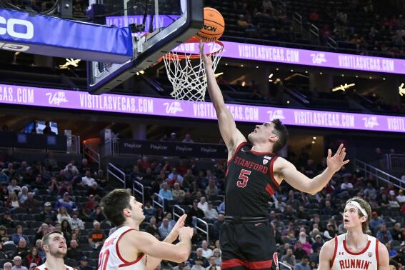 Stanford guard Michael O'Connell (5) shoots against Utah during the second half of an NCAA college basketball game in the first round of the Pac-12 men's tournament Wednesday, March 8, 2023, in Las Vegas. (AP Photo/David Becker)