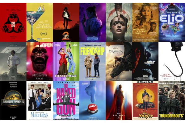 This combination of photos show promotional art for, top row from left, "28 Years Later," "Another Simple Favor," "The Bad Guys 2,"" Ballerina," "Bring Her Back," "Don’t Let’s Go to the Dogs," "Elio," second row from left, "F1," "Final Destination Bloodlines," "Freakier Friday," "Friendship," "How to Train Your Dragon," "Hurry Up Tomorrow," "I Know What You Did Last Summer," and bottom row from left, "Jurassic World Rebirth," "Materialists," "The Naked Gun," "Smurfs," "Superman," "The Surfer," and "Thunderbolts." (Sony/Amazon/Universal/Lionsgate/A24/Sony Pictures Classics/Disney-Pixar/Warner Bros./Warner Bros./Disney/A24/Universal/Lionsgate/Sony/Universal/A24/Paramount/Paramount/Warner Bros./Roadside Attractions and Marvel-Disney via AP)