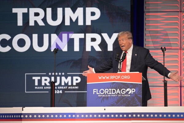 FILE - Former President Donald Trump speaks at the Republican Party of Florida Freedom Summit, Nov. 4, 2023, in Kissimmee, Fla.Trump is already laying a sweeping set of policy goals should he win a second term as president. Priorities on the Republican's agenda include a mass deportation operation, a new Muslim ban and tariffs on all imported goods. (APPhoto/Phelan M. Ebenhack, File)