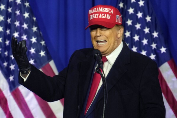 Republican presidential candidate former President Donald Trump speaks at a campaign rally in Waterford Township, Mich., Saturday, Feb. 17, 2024. (AP Photo/Paul Sancya)