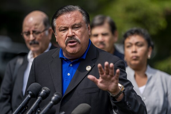 Domingo Garcia, the national president of the League of United Latin American Citizens, speaks to the media on Thursday, Sept. 15, 2022. (AP Photo/Nathan Howard)