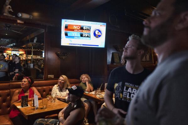 A group of pro-recall voters gather to watch early results of the California Recall election during an election party at the Pineapple Hill Saloon & Grill in Los Angeles on Tuesday, Sept. 14, 2021. (AP Photo/Richard Vogel)
