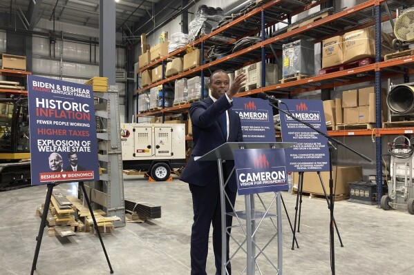 Republican gubernatorial nominee Daniel Cameron announces his policy priorities for Kentucky's economy on Wednesday, Aug. 30, 2023, in Louisville, Ky. Cameron is challenging Democratic Gov. Andy Beshear in the November election. (AP Photo/Bruce Schreiner)