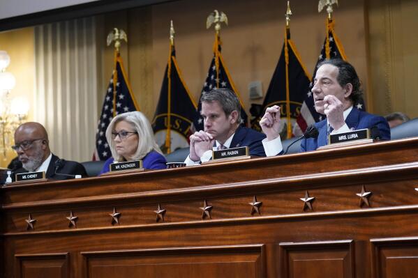 Rep. Jamie Raskin, D-Md., speaks as the House select committee investigating the Jan. 6 attack on the U.S. Capitol holds its final meeting on Capitol Hill in Washington, Monday, Dec. 19, 2022. From left are Chairman Bennie Thompson, D-Miss., Vice Chair Liz Cheney, R-Wyo., Rep. Adam Kinzinger, R-Ill., Raskin. (AP Photo/J. Scott Applewhite)