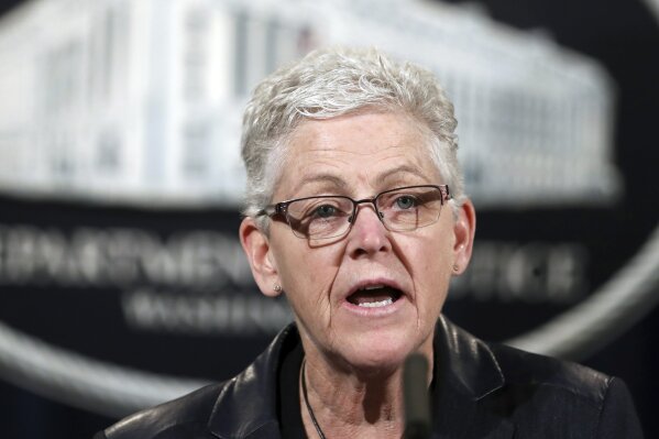FILE - In this Jan. 11, 2017, file photo, Environmental Protection Agency (EPA) Administrator Gina McCarthy, speaks during a news conference at the Justice Department in Washington. President-elect Joe Biden is set to pick McCarthy as domestic climate czar. (AP Photo/Manuel Balce Ceneta, File)