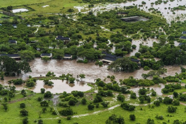 A lodge is seen in the flooded Maasai Mara National Reserve, that left dozens of tourists stranded in Narok County, Kenya, Wednesday, May 1, 2024. Kenya, along with other parts of East Africa, has been overwhelmed by flooding. (AP Photo/Bobby Neptune)