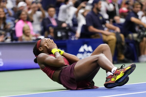 Coco Gauff, of the United States, reacts after defeating Aryna Sabalenka, of Belarus, to win the women's singles final of the U.S. Open tennis championships, Saturday, Sept. 9, 2023, in New York. (AP Photo/Manu Fernandez)