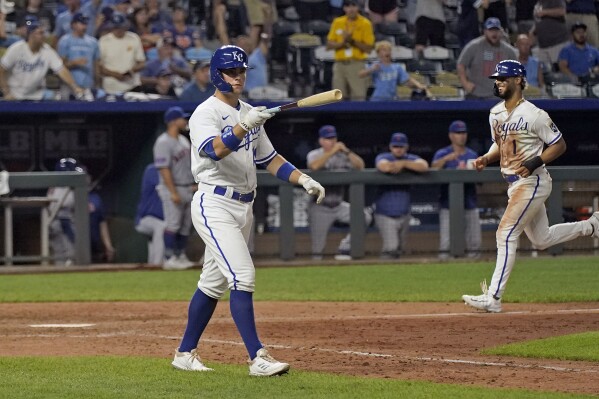 Kansas City Royals' MJ Melendez (1) runs home to score the winning run after New York Mets relief pitcher Josh Walker balked with the bases loaded during the tenth inning of a baseball game Tuesday, Aug. 1, 2023, in Kansas City, Mo. The Royals won 7-6 in 10 innings. (AP Photo/Charlie Riedel)