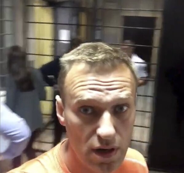 This handout photo provided this instagram account Navalny shows Russian opposition activist Alexei Navalny filming himself in a police station in Moscow, Russia, Wednesday, July 24, 2019. Russian ...