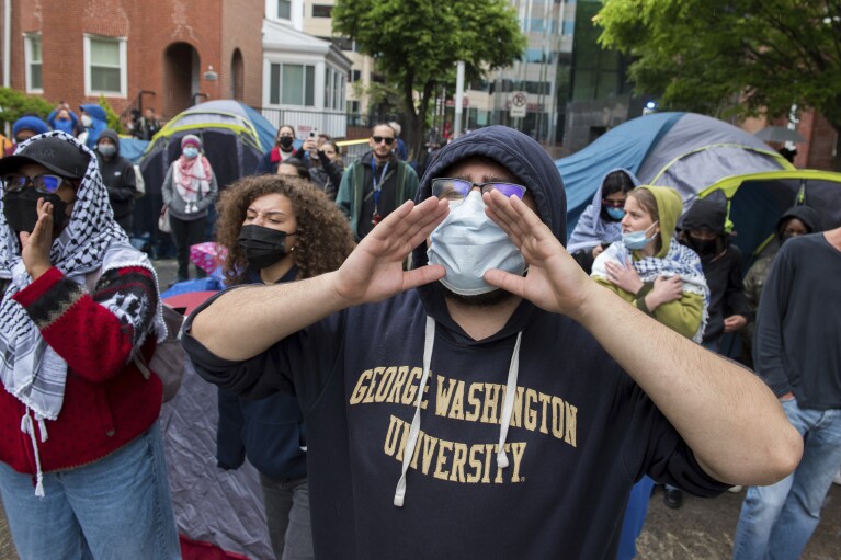 George Washington University students protest the Israel-Hamas war at the university in Washington, Saturday, April 27, 2024. Protests and encampments have sprung up on college and university campuses across the country to protest the war. (AP Photo/Cliff Owen)