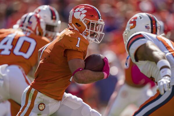 Clemson running back Will Shipley (1) runs with the ball in the first half during an NCAA college football game against Syracuse on Saturday, Oct. 22, 2022, in Clemson, S.C. (AP Photo/Jacob Kupferman)