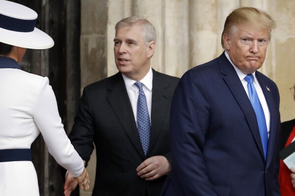 FILE - President Donald Trump, right, and first lady Melania Trump, left, accompanied by Britain's Prince Andrew, leave after a tour of Westminster Abbey in London, June 3, 2019.  (AP Photo/Matt Dunham, File)
