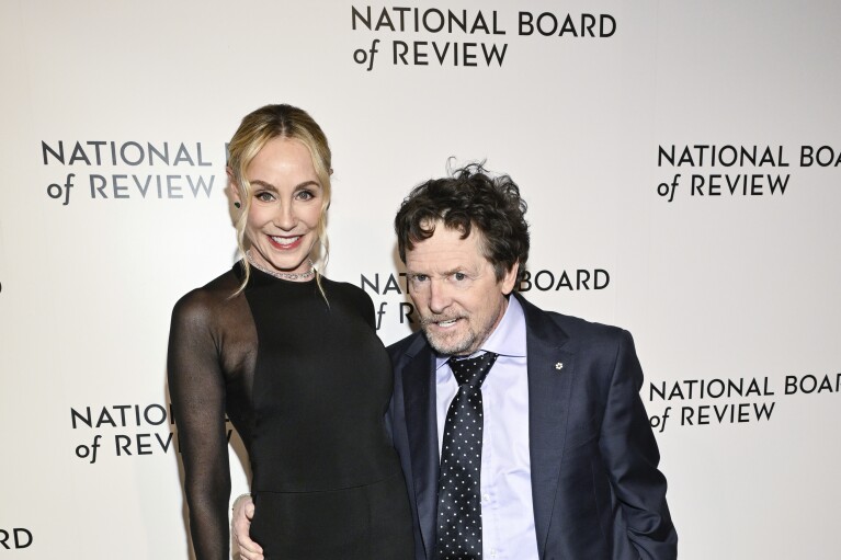 Tracy Pollan, left, and Michael J. Fox attend the National Board of Review awards gala at Cipriani 42nd Street on Thursday, Jan. 11, 2024, in New York. (Photo by Evan Agostini/Invision/AP)