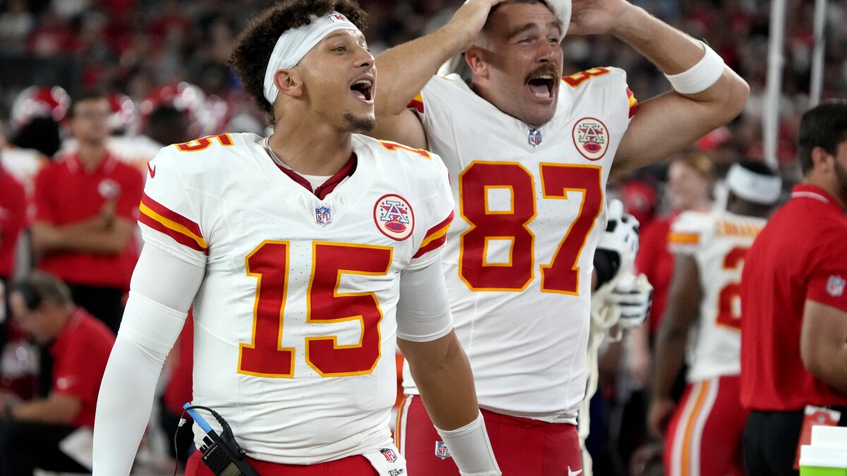 Kansas City Chiefs quarterback Patrick Mahomes (15) walks off the field  before their NFL football game against the Arizona Cardinals Sunday, Sept.  11, 2022, in Glendale, Ariz. Kansas City won 44-21 over