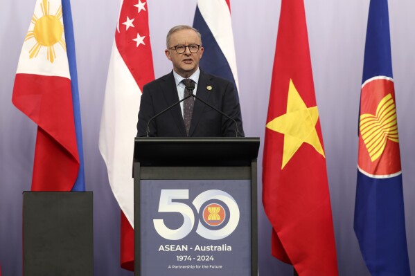 Australian Prime Minister Anthony Albanese speaks at a joint press conference with the Prime Minister of Lao, Sonexay Siphandone, at the conclusion of the ASEAN-Australia Special Summit in Melbourne, Australia, Wednesday, March 6, 2024. (AP Photo/Hamish Blair)
