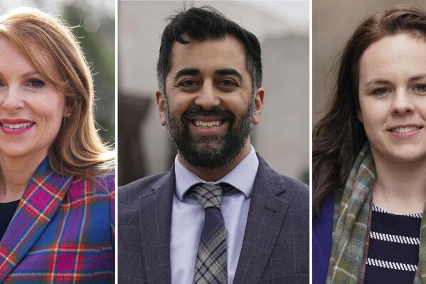 This combo shows from left, lawmaker Ash Regan, Health Secretary Humza Yousaf and Scottish Finance Secretary Kate Forbes, who have all secured sufficient backing to put their names on the ballot to be the next SNP leader and Scottish first minister, Feb. 24, 2023. (Jane Barlow/Andrew Milligan/PA via AP)